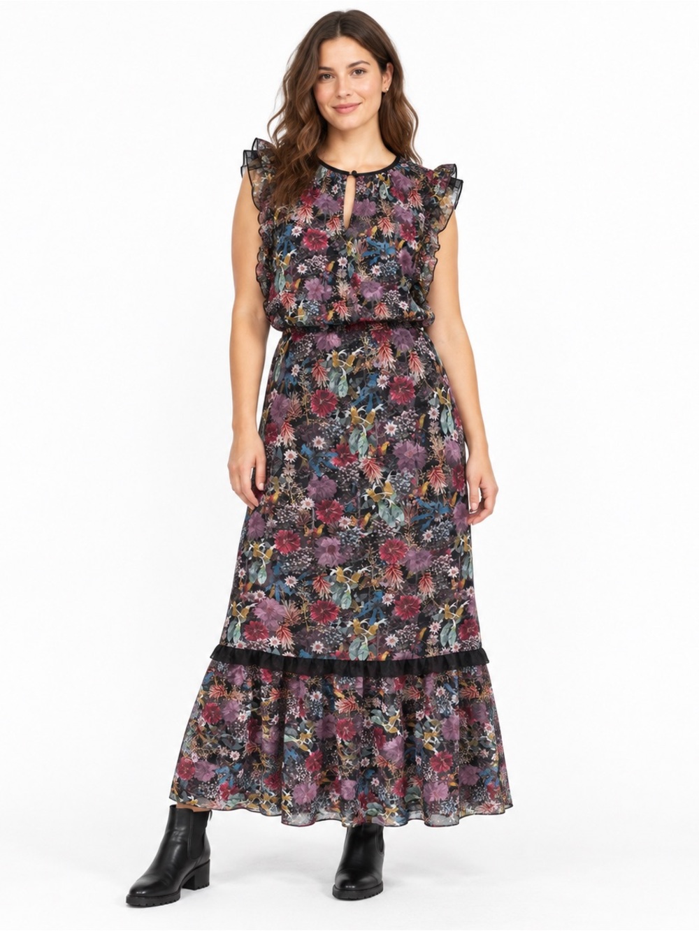 Club Monaco Garden Floral Ruffle Maxi Dress Tiered Hem Winter Berry Size 10